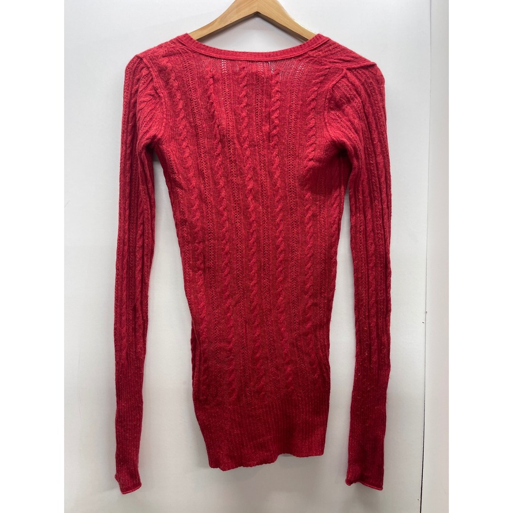Abercrombie & Fitch Red Cable Knit V-Neck Sweater Women M Moose Logo Y2K Vintage - Picture 2 of 5